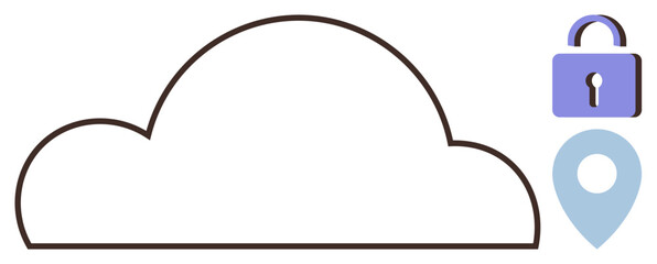 Minimalist cloud shape with a lock symbol for data security and a location pin for accessibility. Ideal for technology, cloud storage, security, GPS, computing, network, simple flat metaphor