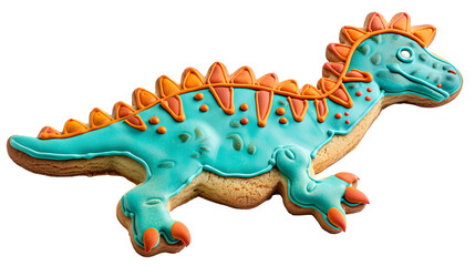 Colorful dinosaur-shaped cookie decorated with icing, placed on a white background, ideal for children's parties