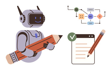 Robot holding pencil beside AI workflow chart and checklist symbolizing automation, creativity, and efficiency. Ideal for AI, automation, education, innovation, design, productivity creativity