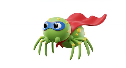 Fototapeta premium Cartoon spider superhero illustration with red cape and blue mask on white background