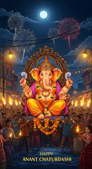 Vibrant lord ganesha idol illuminated during a joyous anant chaturdashi festival celebration with crowds