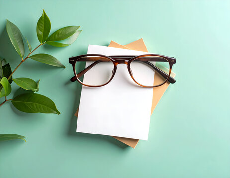 Minimalist office flat lay of reading glasses and a blank sticky note stack on a smooth pastel mint backdrop with a green leafy branch for a fresh concept.