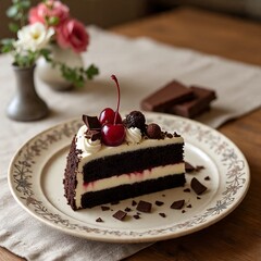 Close-up of a slice of Black Forest cake topped with chocolate pieces and whipped cream, surrounded by fresh cherries on a ceramic plate with powdered sugar