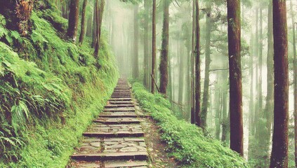 Obraz premium Misty mountain path winds through lush forest