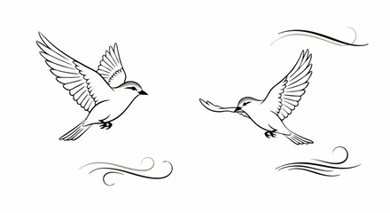 Elegant flight: A simple line art illustration featuring two birds soaring gracefully with ornamental flourishes in black and white design