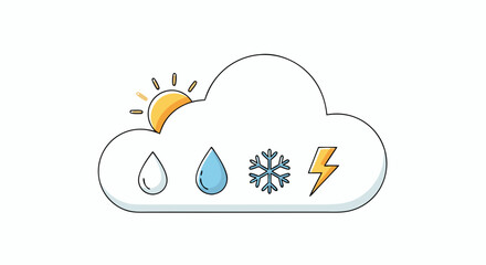 Diverse weather condition icons inside a fluffy cloud, predicting meteorological changes and atmospheric environment