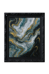 Abstract Fluid Art with Swirling Teal, White, and Gold Marbling in an Ornate Black Frame