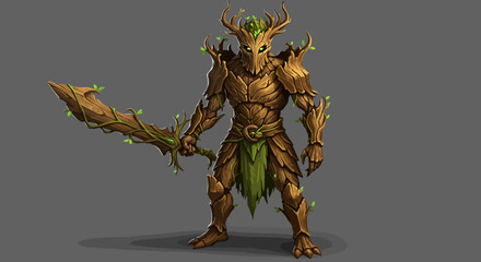 Fototapeta premium Animated Wood Warrior with Sword and Leaf Accents.