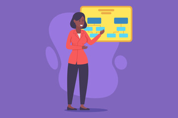 Woman in red blazer standing confidently, explaining flowchart displayed on screen. Presentation concept