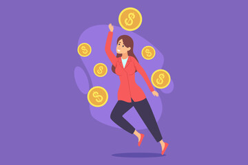 Woman dressed in red jacket joyfully raising her hand while coins floating around her. Financial achievement concept