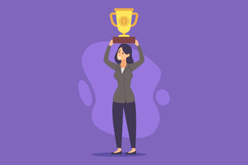Woman in business outfit raising trophy high above her head in joyful display of victory, emphasizing her excitement and achievement