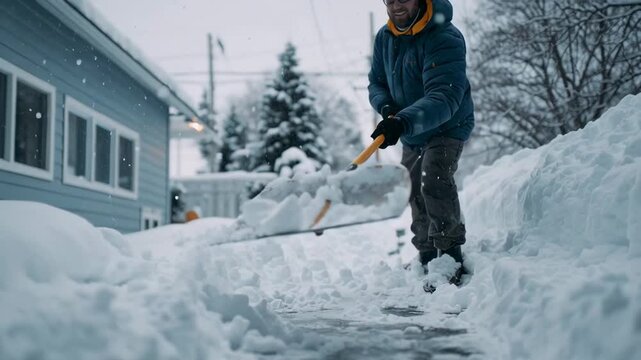 Close-up of man shoveling snow while clearing the driveway outside his house  