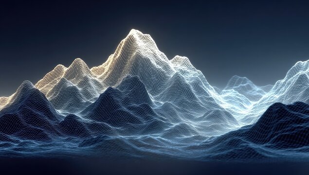 Digital mountain range, glowing mesh - Powered by Adobe