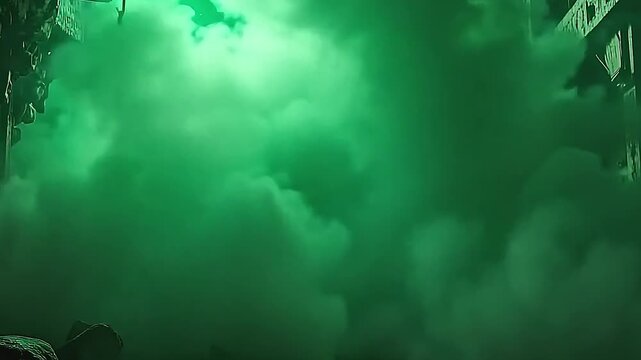 In the ruins of an alien lab, vents explode toxic gas swirl and release it dramatically across a fluorescent green background.