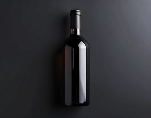 Elegant red wine bottle with a golden cap in a top-down flat lay view on a sophisticated matte dark background.