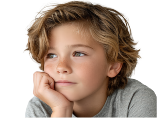 Young Boy Thinking Portrait, Blond Hair, Cute Kid with Hand on Chin, Isolated