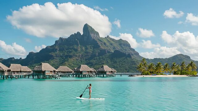Stunning view of bora bora with overwater bungalows and mount otemanu, a person paddleboarding in the turquoise lagoon