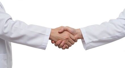 Two medical professionals wearing white lab coats shake hands in a gesture of agreement and partnership against a white background