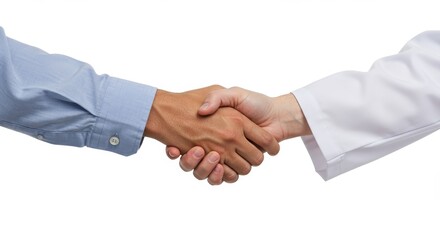 Two people shaking hands one in a blue shirt and the other in a white lab coat symbolizing agreement and partnership