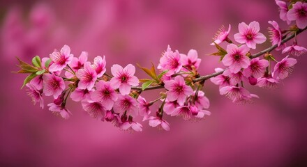 Delicate pink cherry blossoms bloom on a branch with a soft focus blurred background of pink flowers
