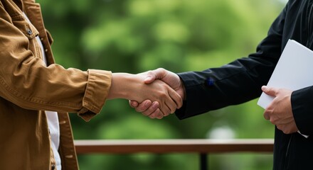 Two business professionals firmly shaking hands outdoors in a show of agreement and partnership with a blurred green background