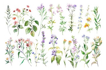 Wild flowers, Watercolor floral, green leaves branches collection, frame border, templates wedding flower