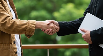 Two business professionals shaking hands outdoors with a document in hand signifying a successful agreement or partnership