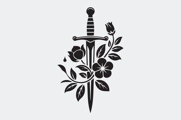 sword and floral design silhouette  vector