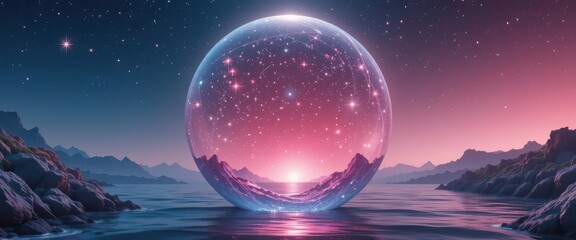  Aquatic Serene Coral Pink Banner Featuring Twinkling Stars Set on a Spherical Ocean Landscape.