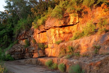 Rusty-red rock face, sunlight filtering through trees.  Pathway winding through