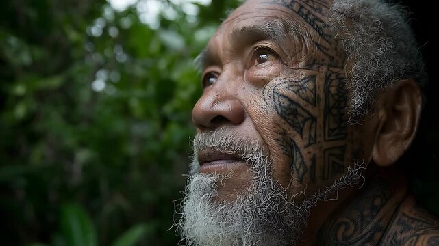 Elderly Polynesian Man with Traditional Facial Tattoos, Contemplative Gaze