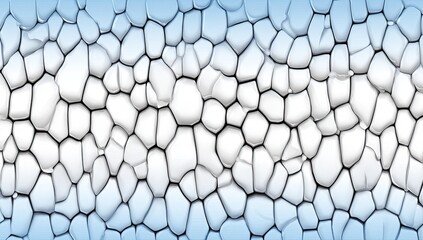 Abstract, textured pattern of cracked, polygonal shapes in light blue and white