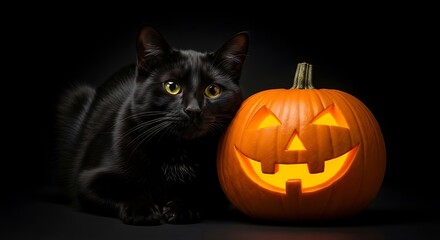 Black Cat with Jack-o-lantern Pumpkin