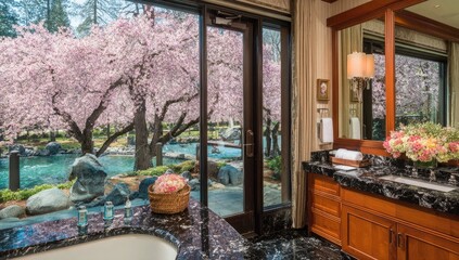 Luxurious bathroom with cherry blossom view