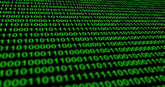 Animated video of green binary code text scrolling vertically with camera blur on a black background