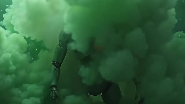 The robots core destabilizes and it starts to explode toxic gas swirl with each movement, enveloping the green background in clouds.