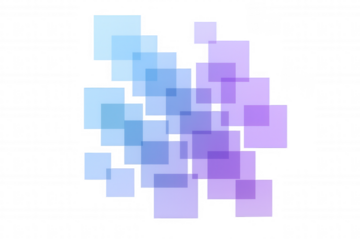 Abstract composition of overlapping translucent squares with a gradient of blue to purple, creating a modern geometric design.