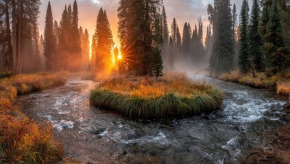 Golden sunrise over a tranquil river flowing through a misty forest