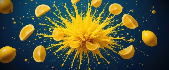  Lemon Explosion Vivid Yellow Juice Splatters from Exploding Lemon Wedges on a Dark Blue Backdrop, Captured in a Contemporary Art