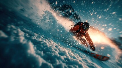 A skier carving through fresh powder snow in a mountain setting, bathed in sunlight