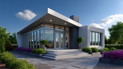 Accessory dwelling unit concept. Modern house exterior with large windows and landscaped garden.
