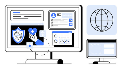 Healthcare data dashboard showcasing patient profiles, health metrics, and analytics on screens. Ideal for healthcare, telemedicine, technology, analytics, networking, innovation global