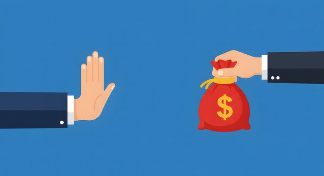 International Anti-Corruption Day Hand rejecting a corrupt money bag offer. Concept of anti-bribery, financial integrity, and stopping illegal payments.