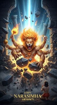 Lord narasimha the man lion avatar of vishnu emerges with divine power and fury