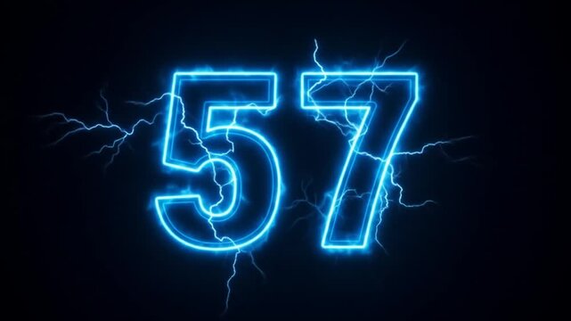 Electric Blue Lightning Bolts Surrounding a Bright Number 57 in a Dark Stormy Sky