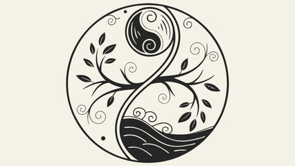 Yin yang tree of life symbol with water isolated on white background, representing balance, harmony, and the interconnectedness of all things