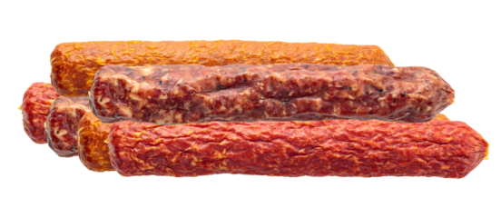 assorted smoked sausages stacked on transparent background
