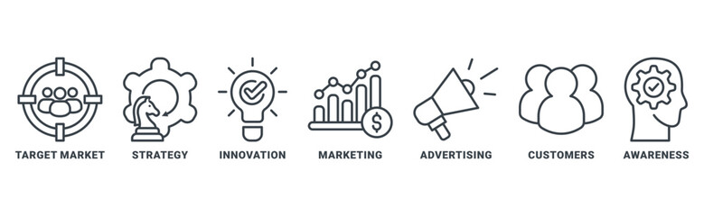 Brand icon set vector concept with icon of target market, strategy, innovation, marketing, advertising, customer, awareness