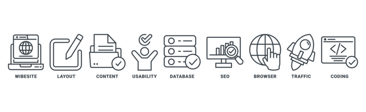 Web Design icon set vector concept with icon of wibesite, layout, content, usability, database, seo, browser, traffic, coding