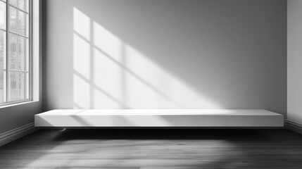 Fototapeta premium Floating white shelf in a modern room with window light.